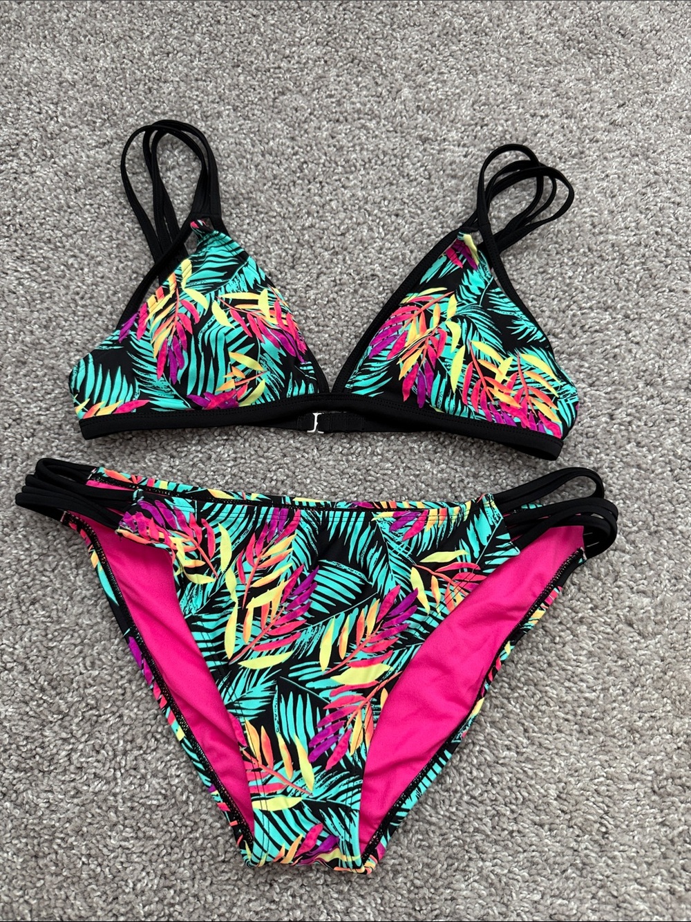Xhilaration Tropical Leaf Bikini in Black, Pink, Teal, Yellow